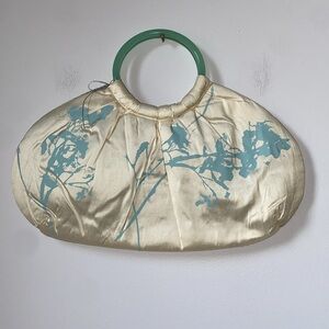 NWT Sharon Spain silk clutch purse with silkscreen pattern and lucite handles.